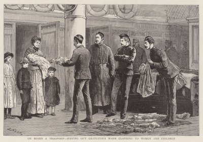 On Board a Troopship, Serving out gratuitous warm clothing to Women and Children by Joseph Nash